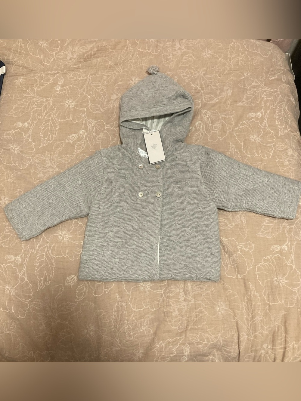 Tartine et Chocolat Light Gray Knit Baby Cardigan with Hood